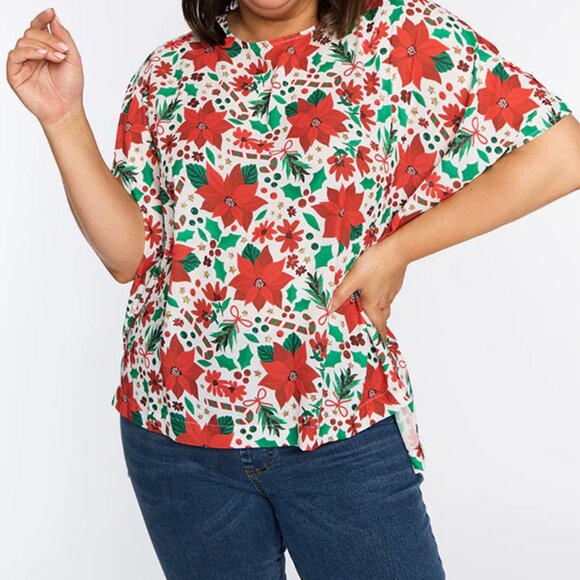 Poinsettia Print Loose Top. Little Party Dress Serena Flowers of Christmas Top. - Picture 1 of 10